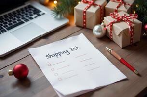 A festive shopping list next to wrapped gifts and a laptop during Christmas holiday preparation photo