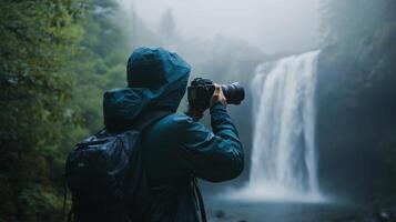 A traveler capturing the beauty of a waterfall with a camera on a misty morning photo