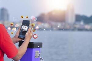 Social media and smartphone usage, holiday lifestyle and social media usage, online marketing, technology networking in global business. photo