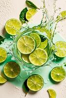 Fresh Lime Slices with Water Splash on a Light Background photo