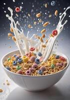 Colorful Cereal with Milk Splash in White Bowl photo