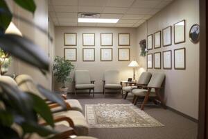 Cozy waiting room featuring gray cushioned chairs, framed certificates on the wall photo