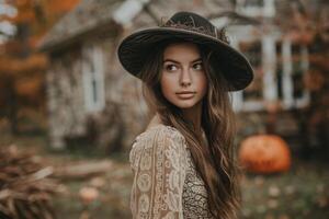 Graceful witch in an heirloom lace dress with a rustic stone cottage in the soft-focus background, cottagecore Halloween photo