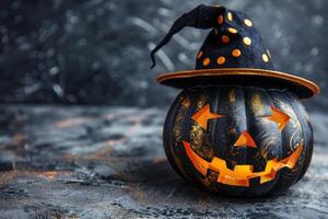 Black Halloween pumpkin with a glowing carved face and a witch hat with orange polka dots photo