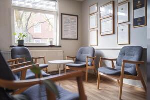Cozy waiting room with framed certificates and chairs. Therapist's office waiting area. photo