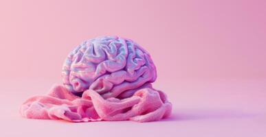 3D purple brain wrapped in a pink fluffy blanket on a pastel pink background photo
