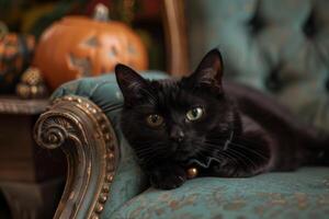 Black cat adorned with an elegant black ruffled collar lounges on a vintage armchair, with a Halloween pumpkin in the background photo
