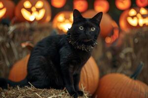 Sleek black cat sitting on a hay bale, wearing a ruffled collar, with pumpkin lanterns in the background on Halloween nigh photo