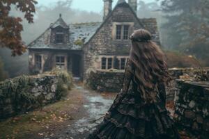 Graceful witch in an heirloom lace dress, casting spells with a wand made of hawthorn, a rustic stone cottage lurking in the soft-focus background photo