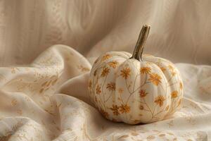 Halloween pumpkin wrapping of rural beige cottagecore pattern fabric on a matching fabric background photo