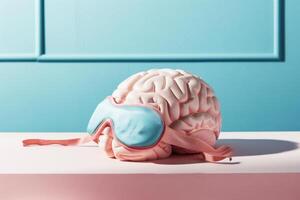 Human brain wearing in sleeping mask, pastel pink and blue colors. Calm, relaxation symbolizing photo