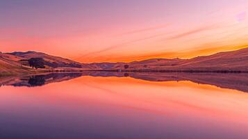 Peaceful Sunset Reflection Over Still Lake With Rolling Hills photo