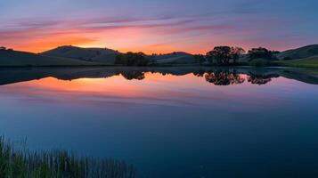 Serene Sunset Landscape with Still Lake and Rolling Hills Reflection photo