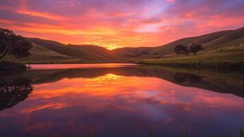Serene Sunset Landscape with Calm Lake and Rolling Hills photo