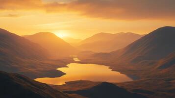 Golden Hour Mountain Lake Landscape with Dramatic Peaks photo
