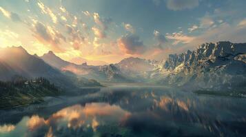 Breathtaking Mountain Sunrise Landscape with Lake Reflection photo