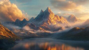 Golden Sunrise Over Majestic Mountain Range and Tranquil Lake photo