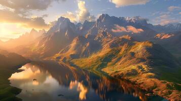 Majestic Mountain Sunrise with Serene Lake Reflection photo