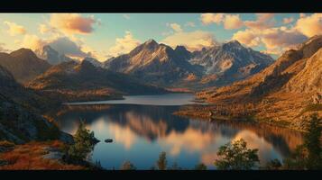 Majestic Mountain Sunrise with Tranquil Lake Reflection photo