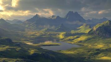 Majestic Mountain Landscape with Tranquil Lake at Sunrise photo