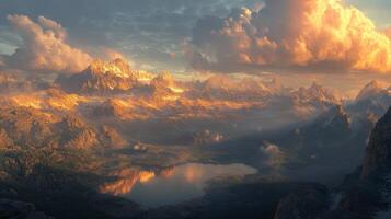 Golden Hour Mountain Landscape with Lake Reflection and Dramatic Clouds photo
