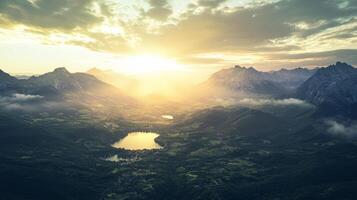 Majestic Mountain Landscape at Sunrise with Lake and Golden Light photo