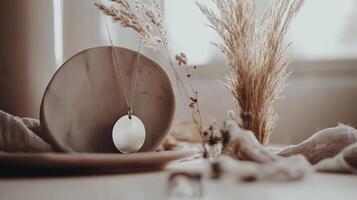 Minimalist Silver Necklace with Round Pendant on Marble Plate photo