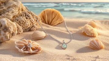 Minimalist Silver Necklace with Oval Pendant on Sandy Beach with Seashells photo
