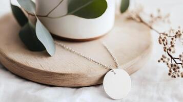 Minimalist Silver Necklace with Round Pendant on Wooden Tray photo
