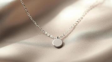 Minimalist Silver Circle Pendant Necklace on Beige Fabric photo