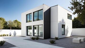 Modern house with white exterior and black windows photo