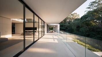 The modern home has glass walls and a balcony photo