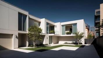 A modern home with a courtyard and grass photo