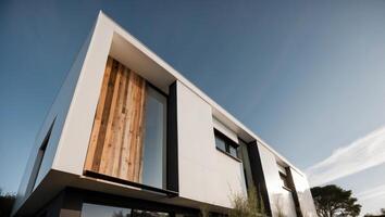 Modern house with wooden siding and glass windows photo