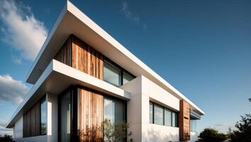 Modern house with wooden siding and white walls photo