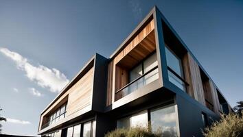 Modern house with wooden exterior and glass windows photo