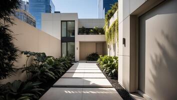 A modern home with a walkway and plants photo