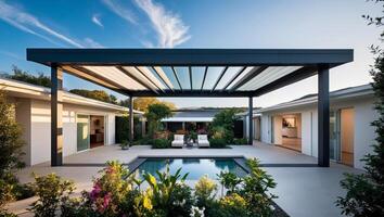 The modern home has a covered patio and pool photo