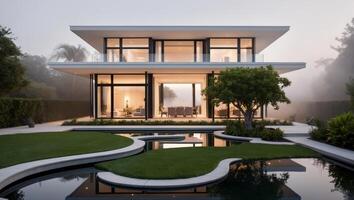 A modern home with a pond and lawn photo