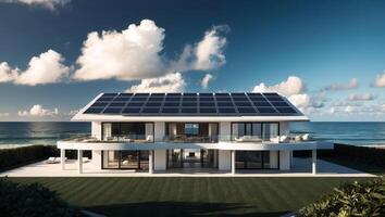 A modern house with solar panels on the roof photo