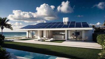 A modern house with solar panels on the roof photo