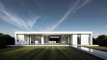 A modern white house with a grassy lawn photo