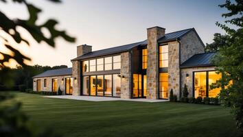 A modern home with large windows and a large lawn photo