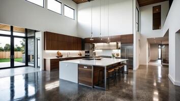 Modern kitchen with stainless steel appliances and wooden cabinets photo