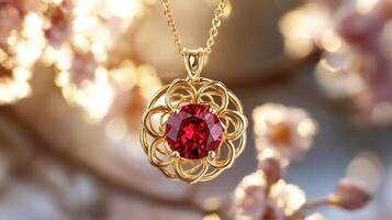 Ruby Pendant Necklace with Gold Floral Design photo