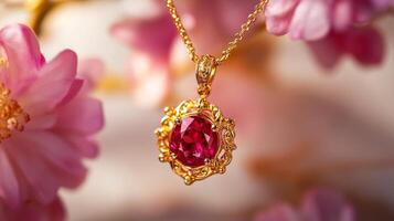 Ruby Pendant Necklace with Gold Setting and Delicate Chain on a Pink Background photo