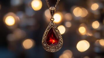 Ruby Pendant Necklace with Gold Detail and Bokeh Lights photo