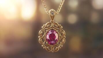 Ruby Pendant Necklace with Intricate Gold Design photo