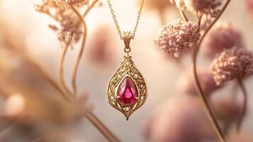 Ruby Pendant Necklace with Gold Filigree Design photo