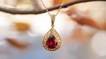 Ruby Pendant Necklace with Intricate Gold Design photo